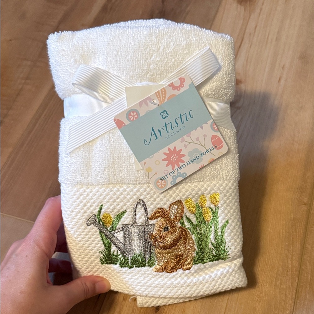 Artistic Accents Embroidered White Hand Towels - Bunny & Watering Can